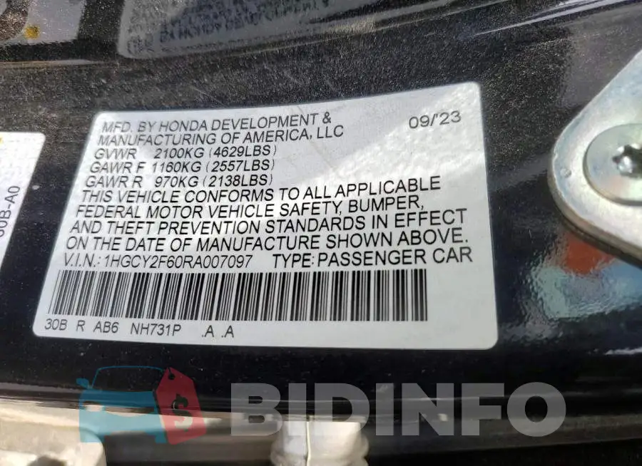 1HGCY2F60RA007097 Photo# 12