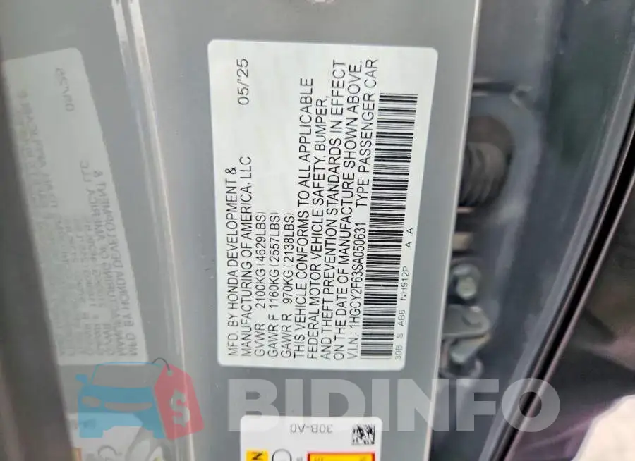 1HGCY2F63SA050631 Photo# 12