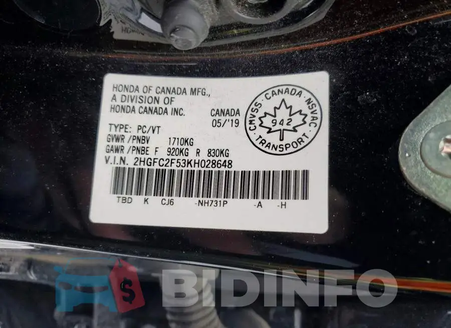 2HGFC2F53KH028648 Photo# 12