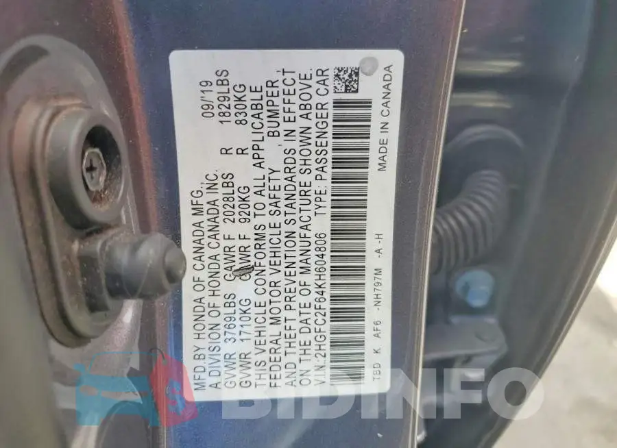 2HGFC2F64KH604806 Photo# 12