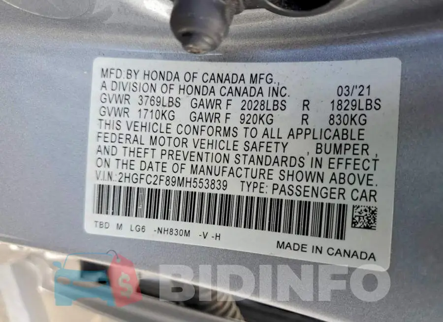 2HGFC2F89MH553839 Photo# 12