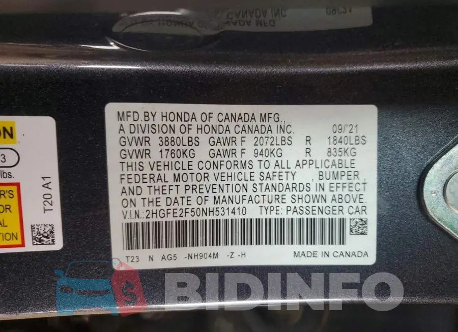 2HGFE2F50NH531410 Photo# 12