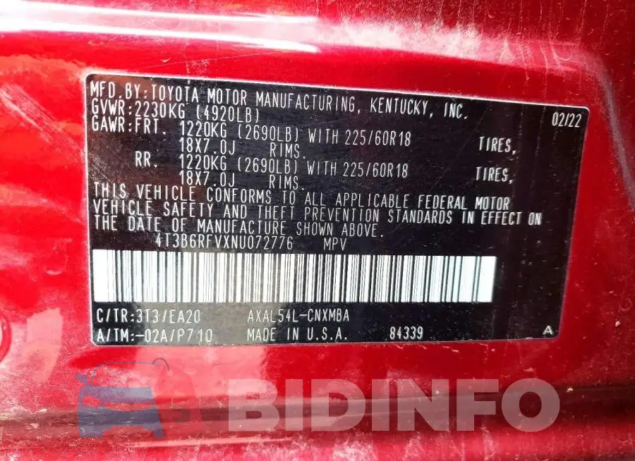 4T3B6RFVXNU072776 Photo# 12
