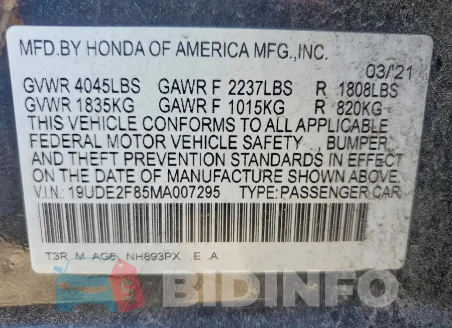 19UDE2F85MA007295 Photo# 12