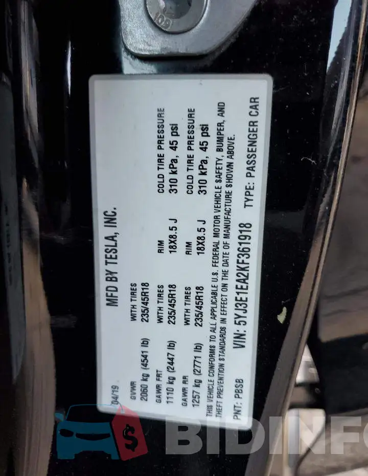 5YJ3E1EA2KF361918 Photo# 12