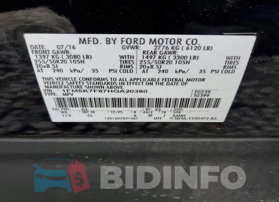 1FM5K7F87HGA20380 Photo# 13