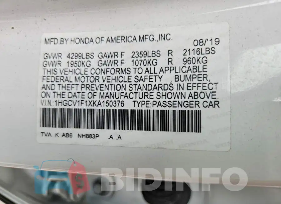 1HGCV1F1XKA150376 Photo# 14