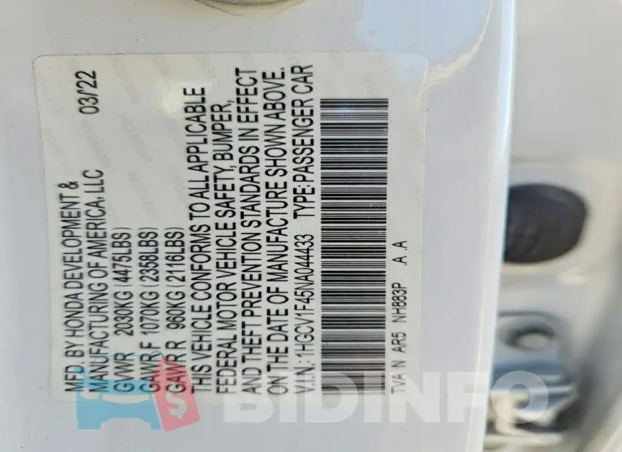 1HGCV1F45NA044433 Photo# 12