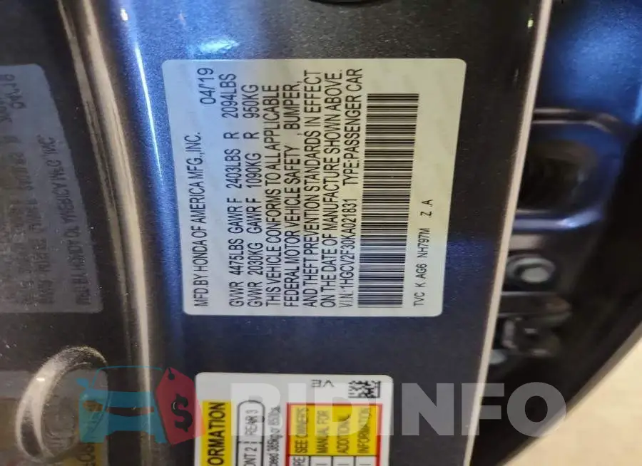 1HGCV2F30KA021831 Photo# 12