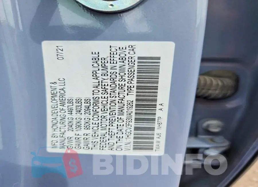 1HGCV3F93MA019262 Photo# 13