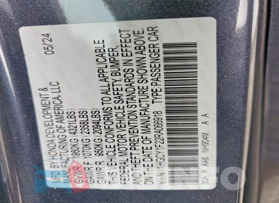 1HGCY1F22RA066918 Photo# 12