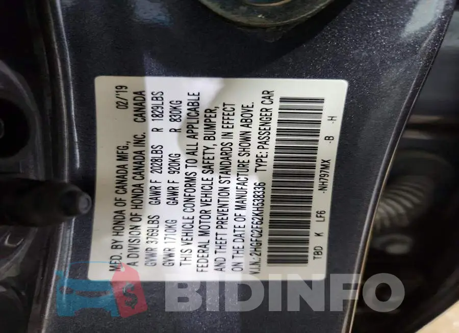 2HGFC2F62KH538336 Photo# 13