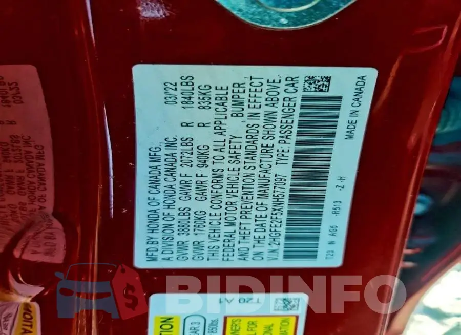 2HGFE2F5XNH577097 Photo# 12