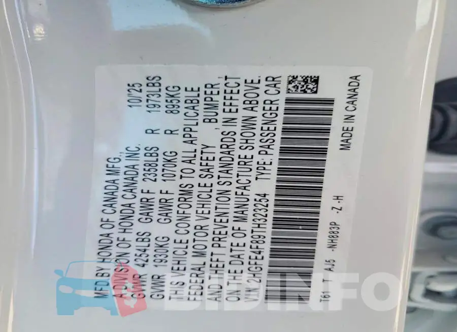 2HGFE4F89TH323254 Photo# 12