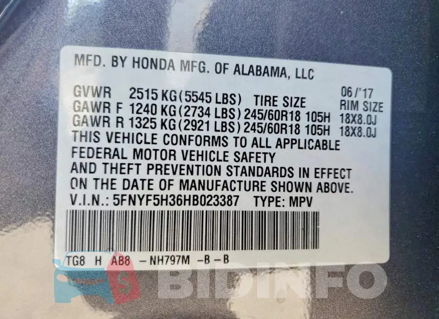 5FNYF5H36HB023387 Photo# 13