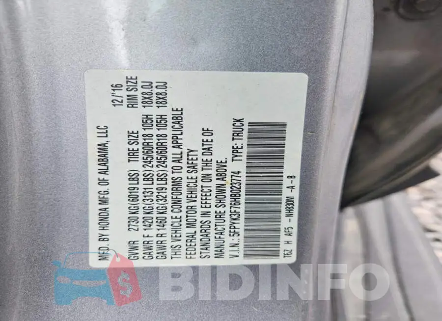 5FPYK3F76HB023774 Photo# 13