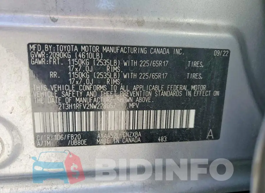 2T3H1RFV2NW228057 Photo# 14