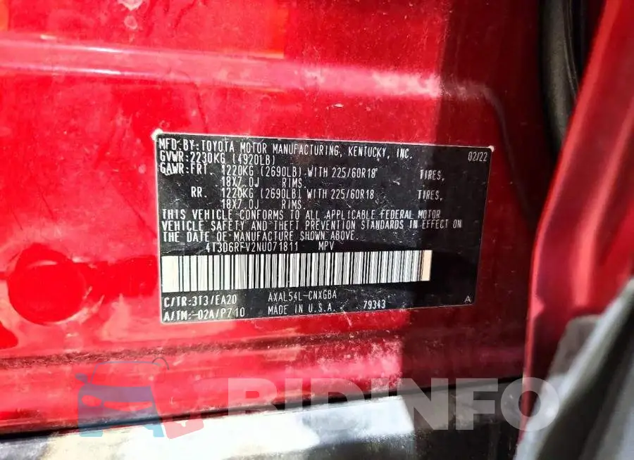 4T3D6RFV2NU071811 Photo# 13