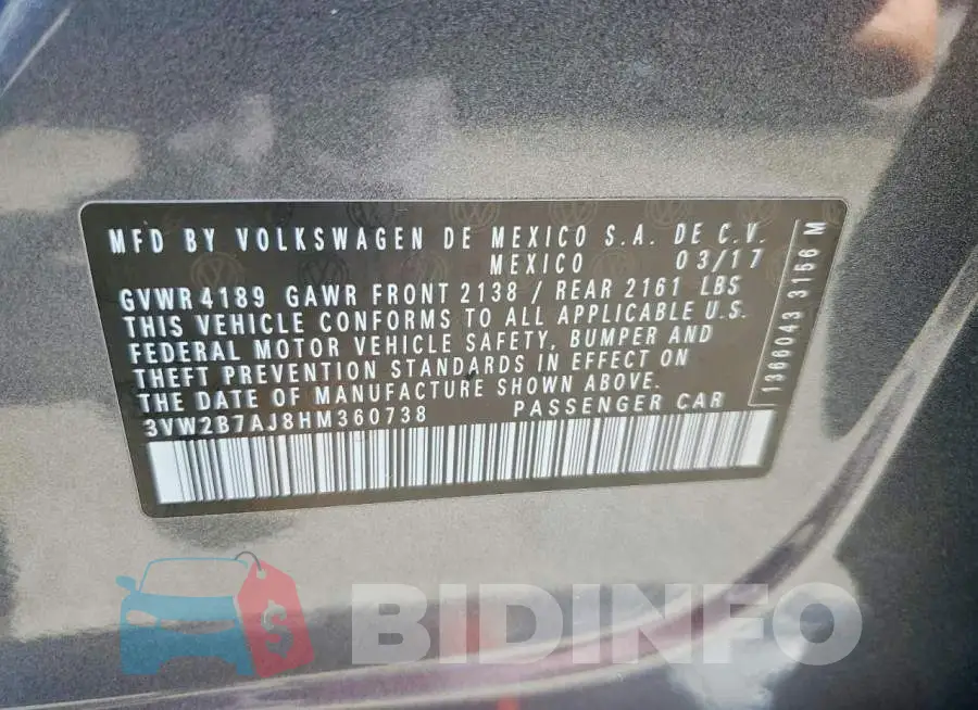 3VW2B7AJ8HM360738 Photo# 12