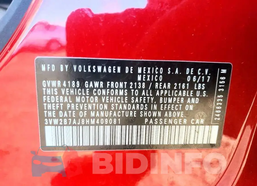 3VW2B7AJ8HM409081 Photo# 12