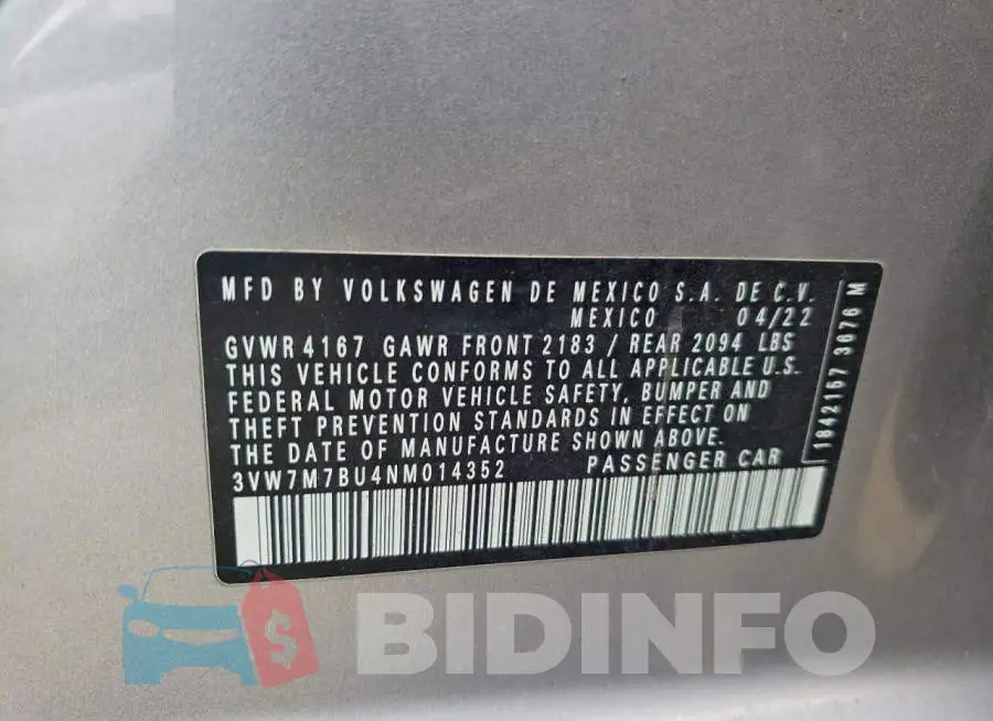 3VW7M7BU4NM014352 Photo# 13