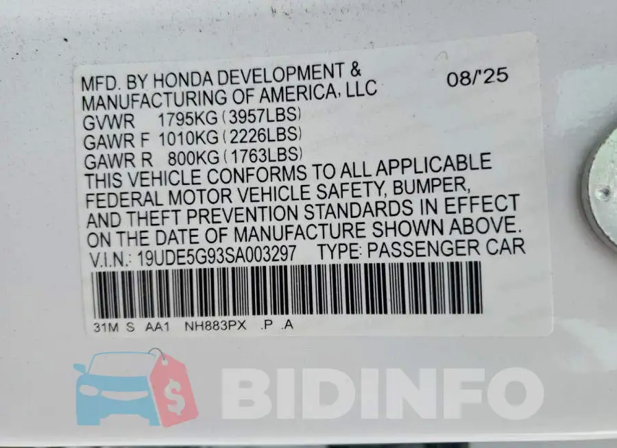 19UDE5G93SA003297 Photo# 12