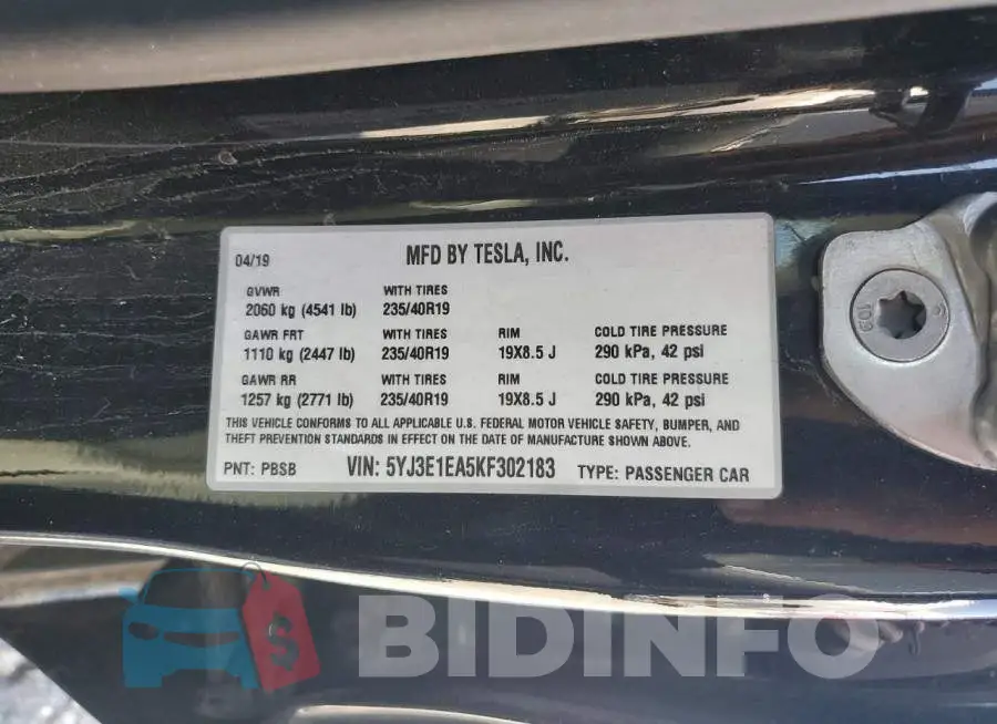 5YJ3E1EA5KF302183 Photo# 12