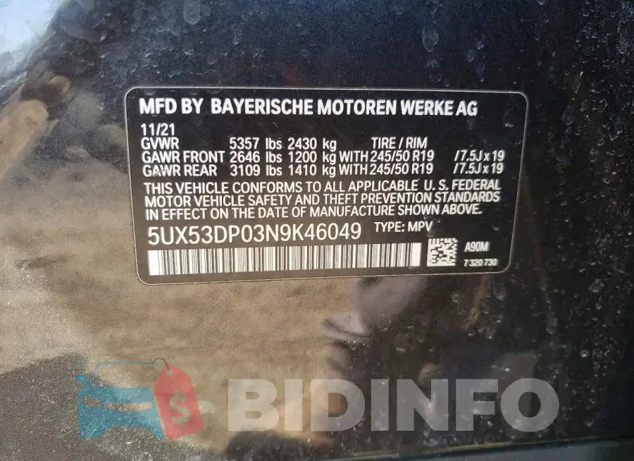 5UX53DP03N9K46049 Photo# 13