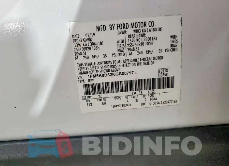 1FM5K8D82KGB00797 Photo# 13