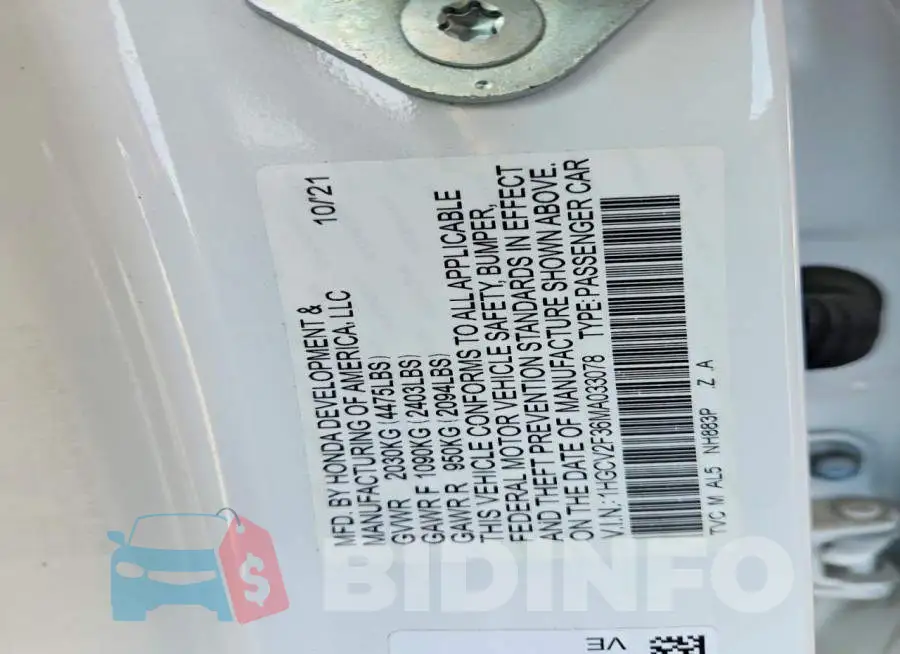 1HGCV2F36MA033078 Photo# 12