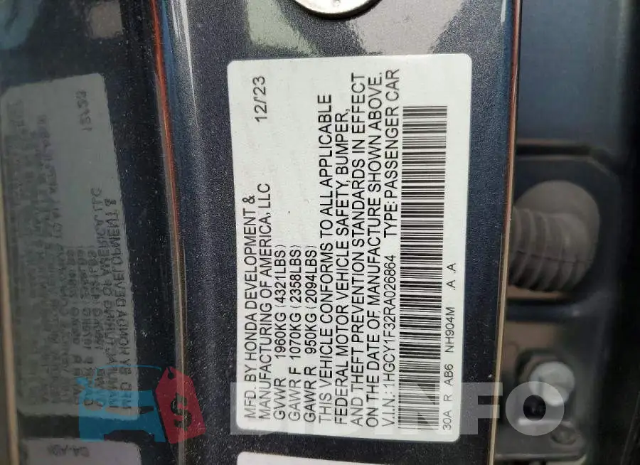 1HGCY1F32RA026864 Photo# 12