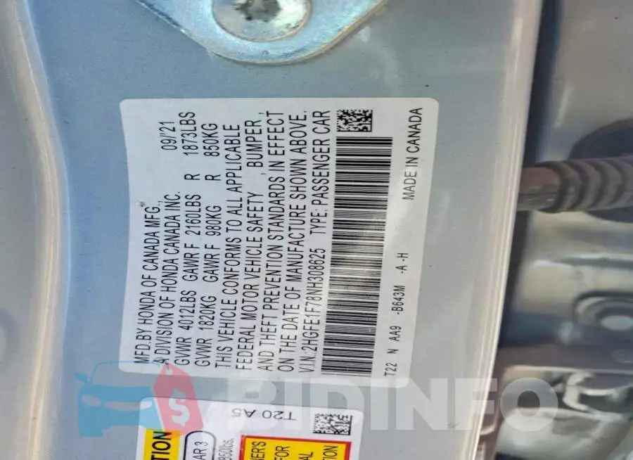 2HGFE1F78NH308625 Photo# 12