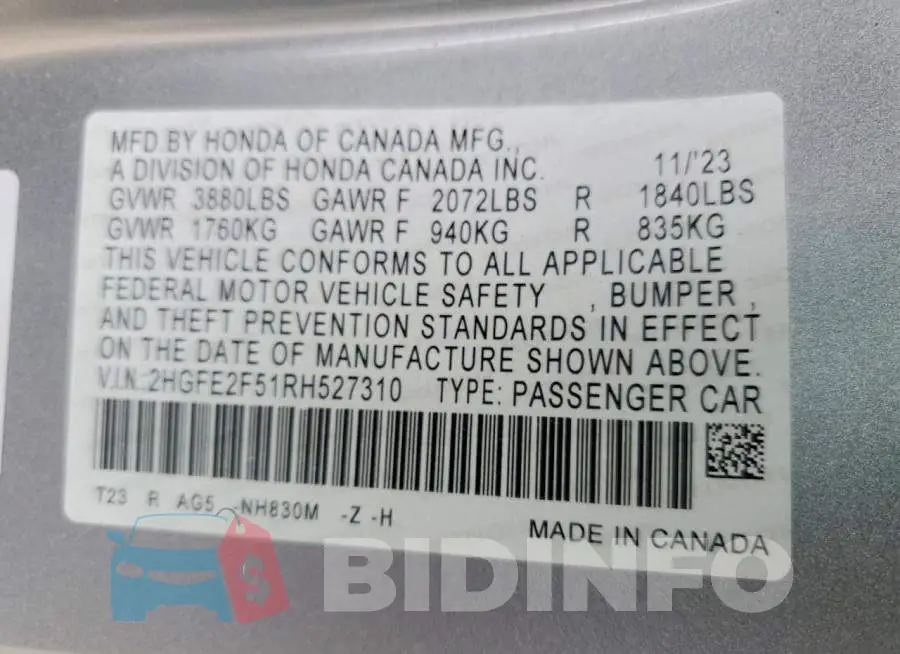 2HGFE2F51RH527310 Photo# 12