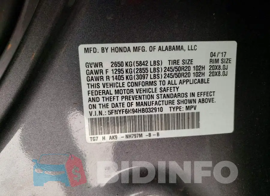 5FNYF6H94HB032910 Photo# 13