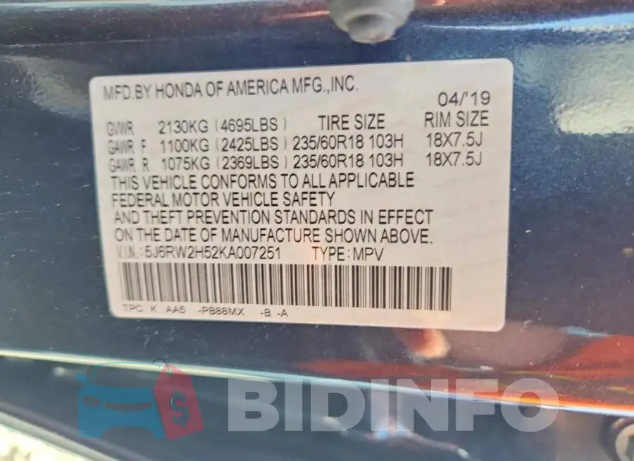 5J6RW2H52KA007251 Photo# 13