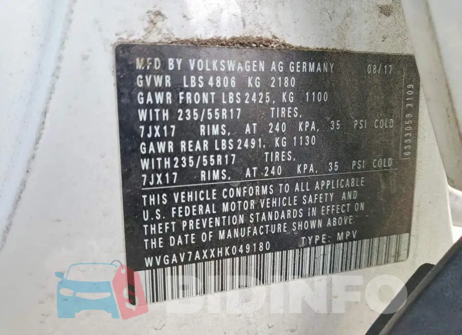WVGAV7AXXHK049180 Photo# 13