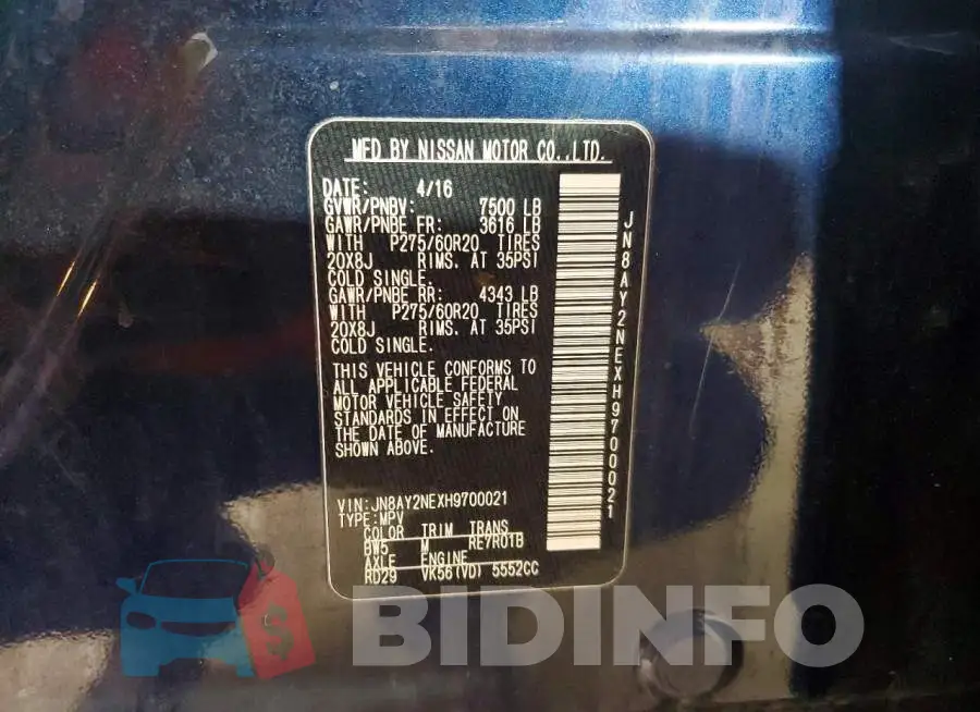 JN8AY2NEXH9700021 Photo# 14