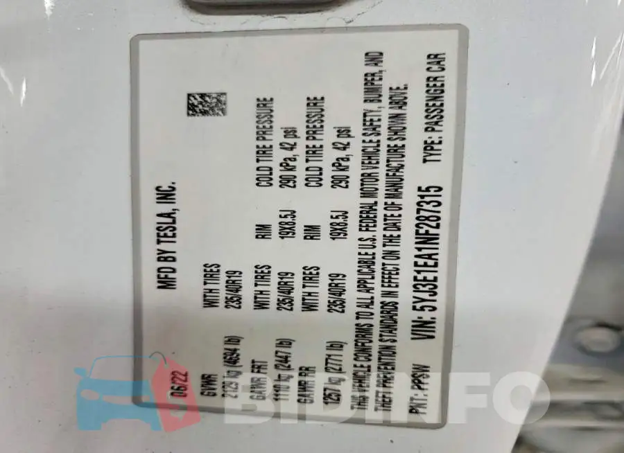 5YJ3E1EA1NF287315 Photo# 12
