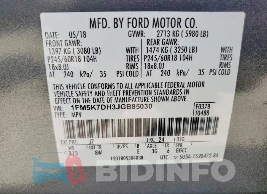 1FM5K7DH3JGB85030 Photo# 13