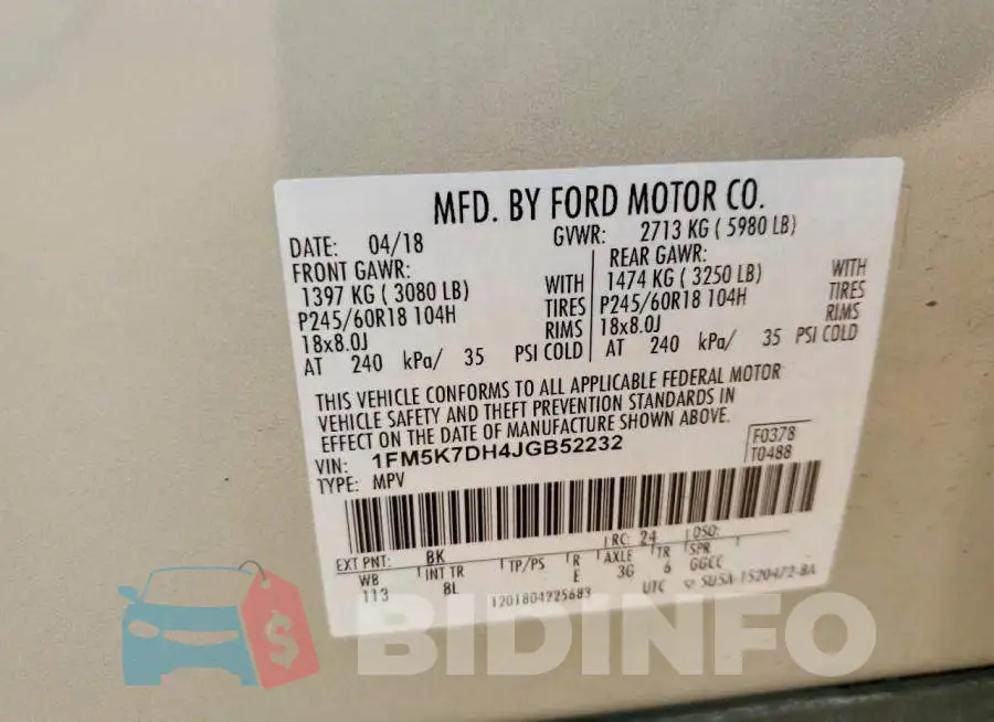 1FM5K7DH4JGB52232 Photo# 13