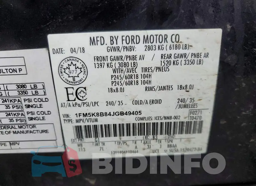 1FM5K8B84JGB49405 Photo# 13