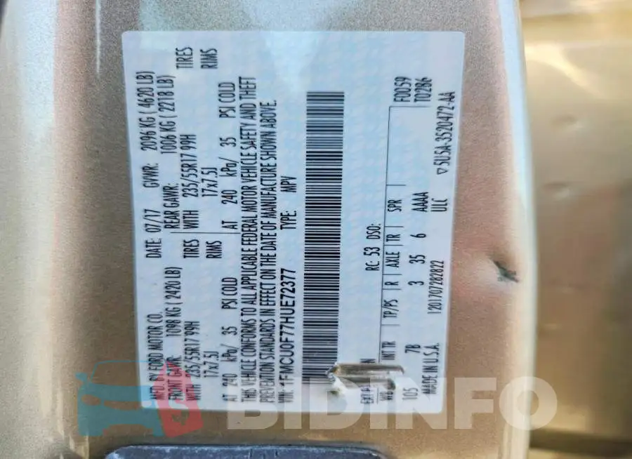 1FMCU0F77HUE72377 Photo# 13