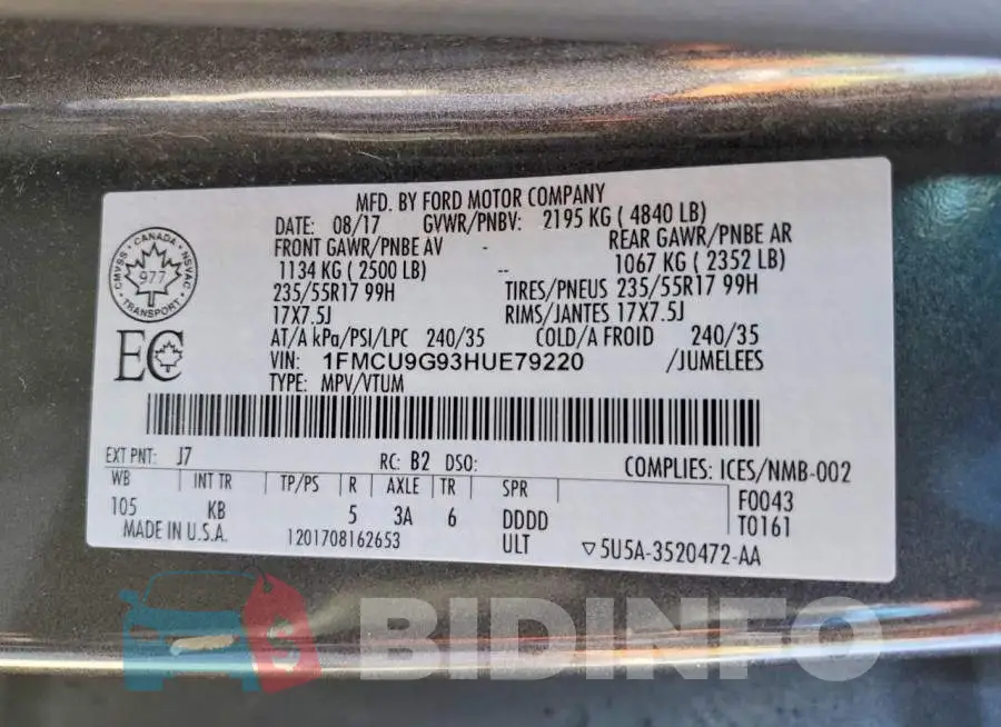 1FMCU9G93HUE79220 Photo# 14