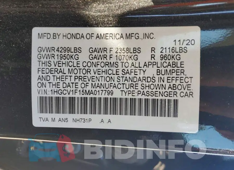 1HGCV1F15MA017799 Photo# 12