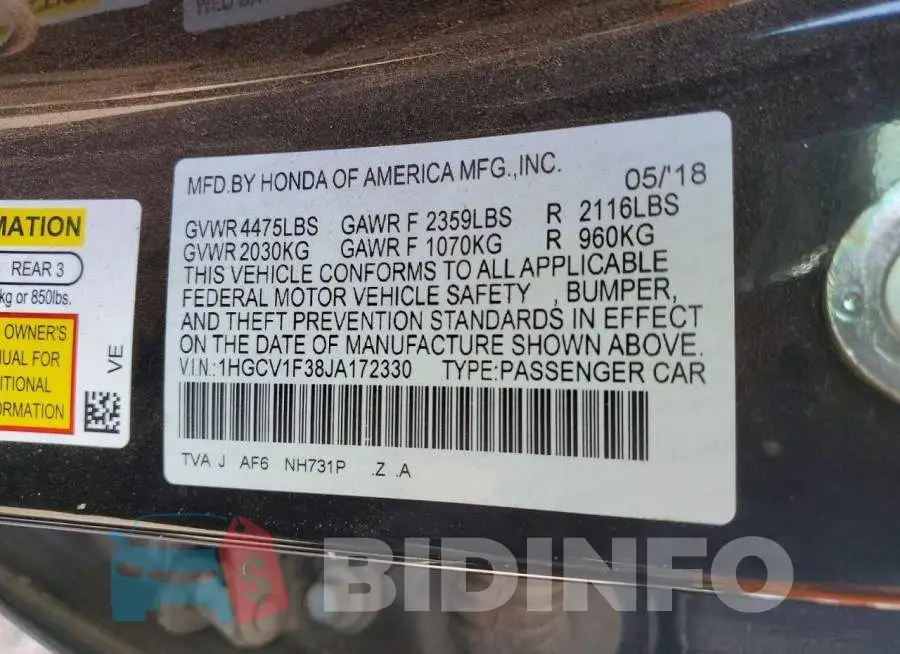 1HGCV1F38JA172330 Photo# 12