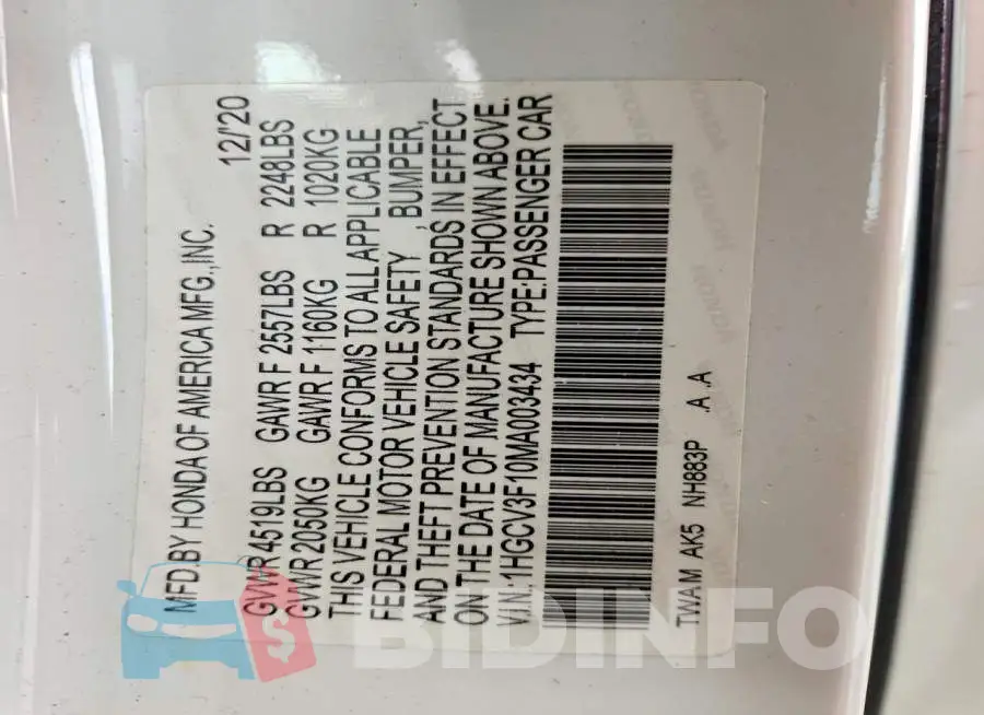 1HGCV3F10MA003434 Photo# 12