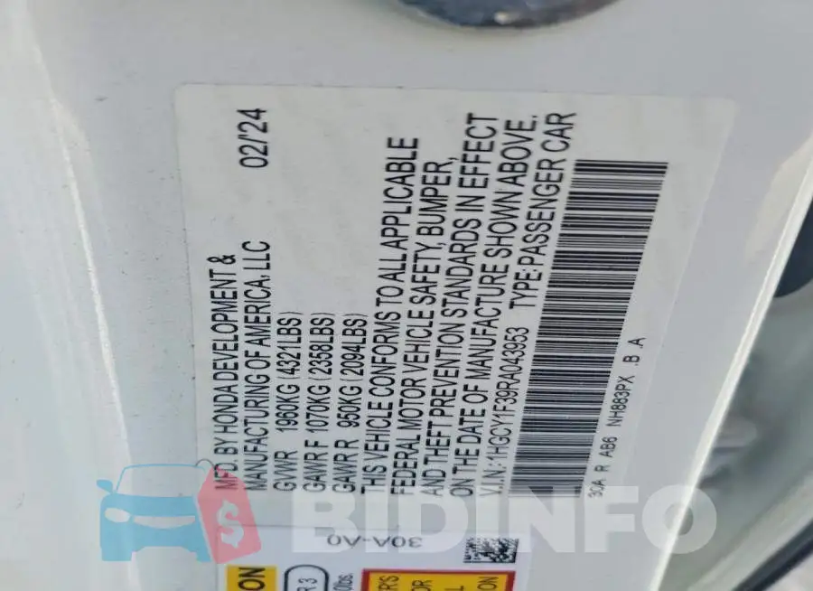 1HGCY1F39RA043953 Photo# 12