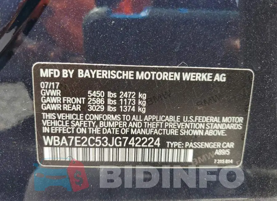 WBA7E2C53JG742224 Photo# 12