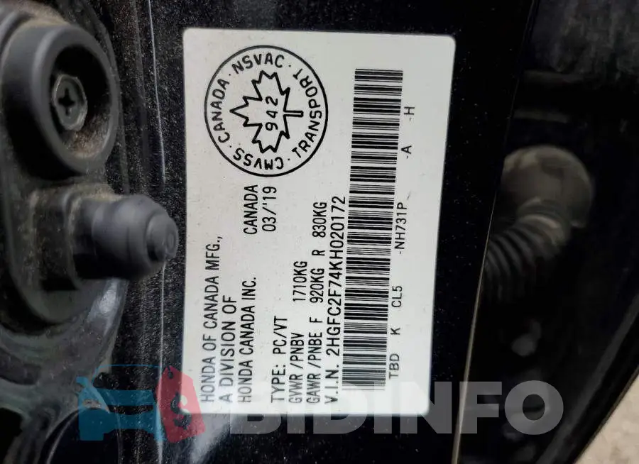 2HGFC2F74KH020172 Photo# 13