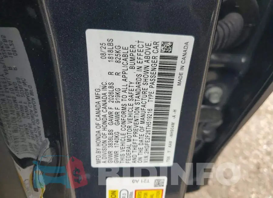 2HGFE2F26TH519216 Photo# 12
